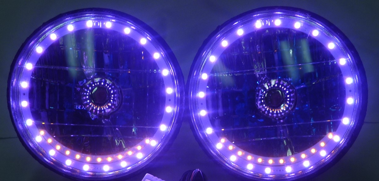 One Pair of 7 Inch Round White Diamond Multi-Color Halo Turn Signal Headlights with Blue Halogen Bulbs - Image 6