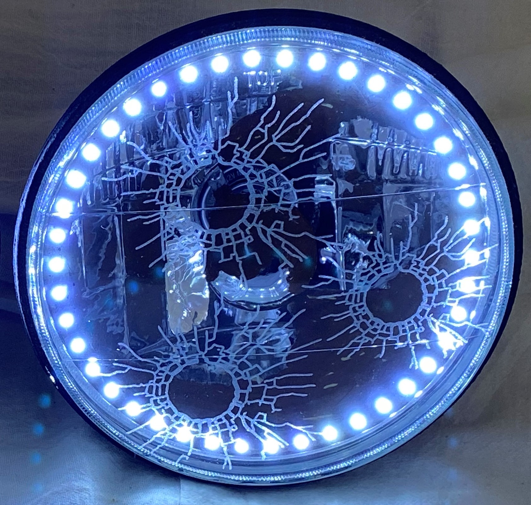 One Each of 7 Inch Round White Diamond Single Color White Halo Rat Rod Headlight with a Clear Halogen Bulb