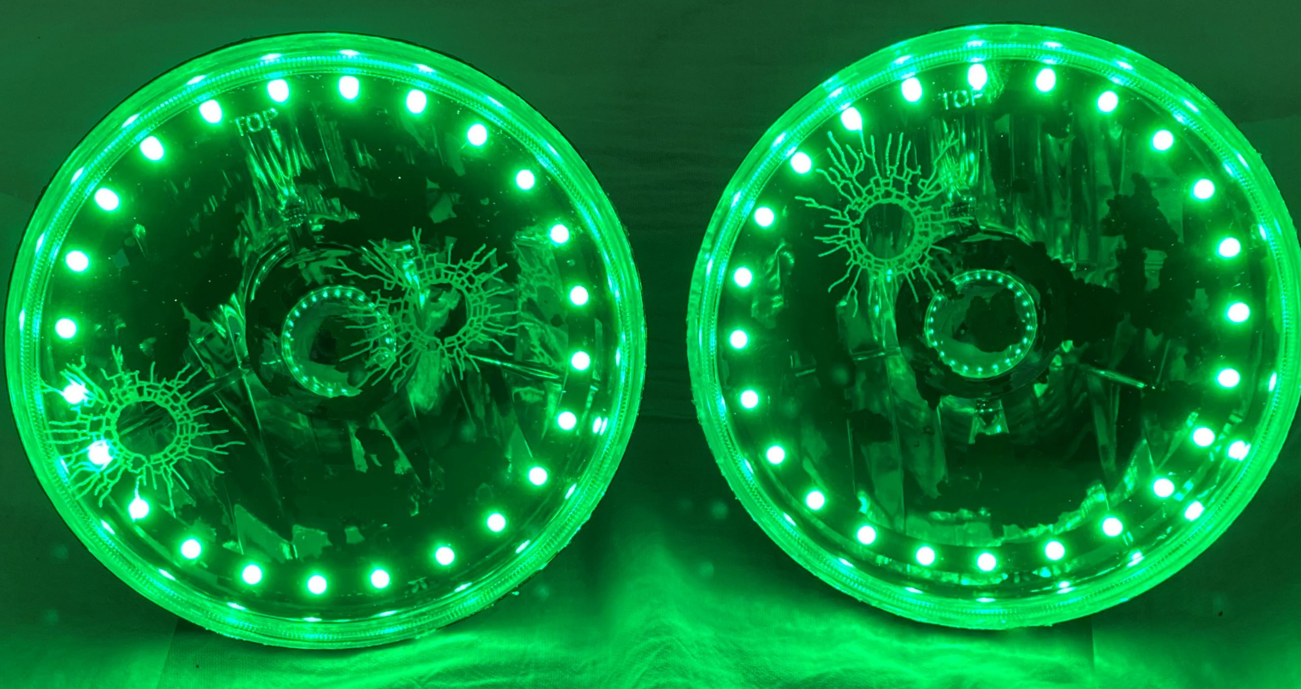 One Pair of 7 Inch Round Elite Diamond Multi-Color Halo Rat Rod Headlights with Clear Halogen Bulbs