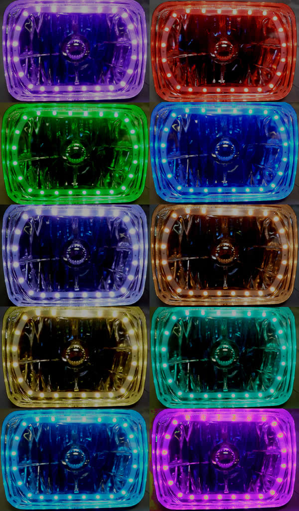 One Pair of 6x7 Inch Rectangle Elite Diamond Multi-Color Halo Headlights with Blue Halogen Bulbs - Image 7
