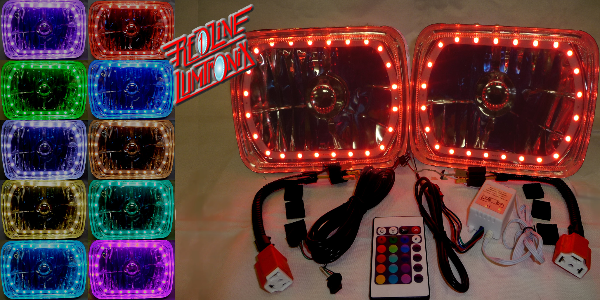 One Pair of 6x7 Inch Rectangle Elite Diamond Multi-Color Halo Headlights with Blue Halogen Bulbs - Image 9