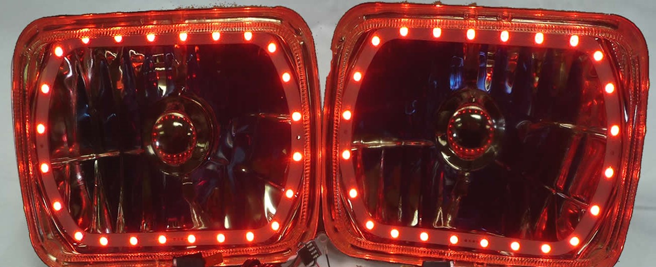 One Pair of 6x7 Inch Rectangle Elite Diamond Multi-Color Halo Headlights with Blue Halogen Bulbs