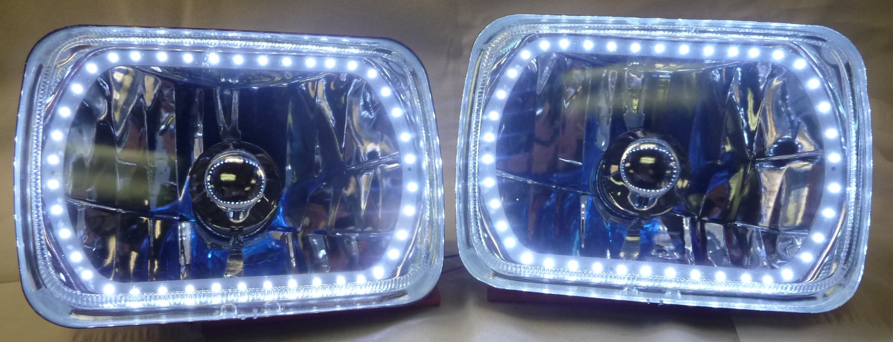 One Pair of 6x7 Inch Rectangle Elite Diamond Single Color White Halo Headlights with Blue Halogen Bulbs