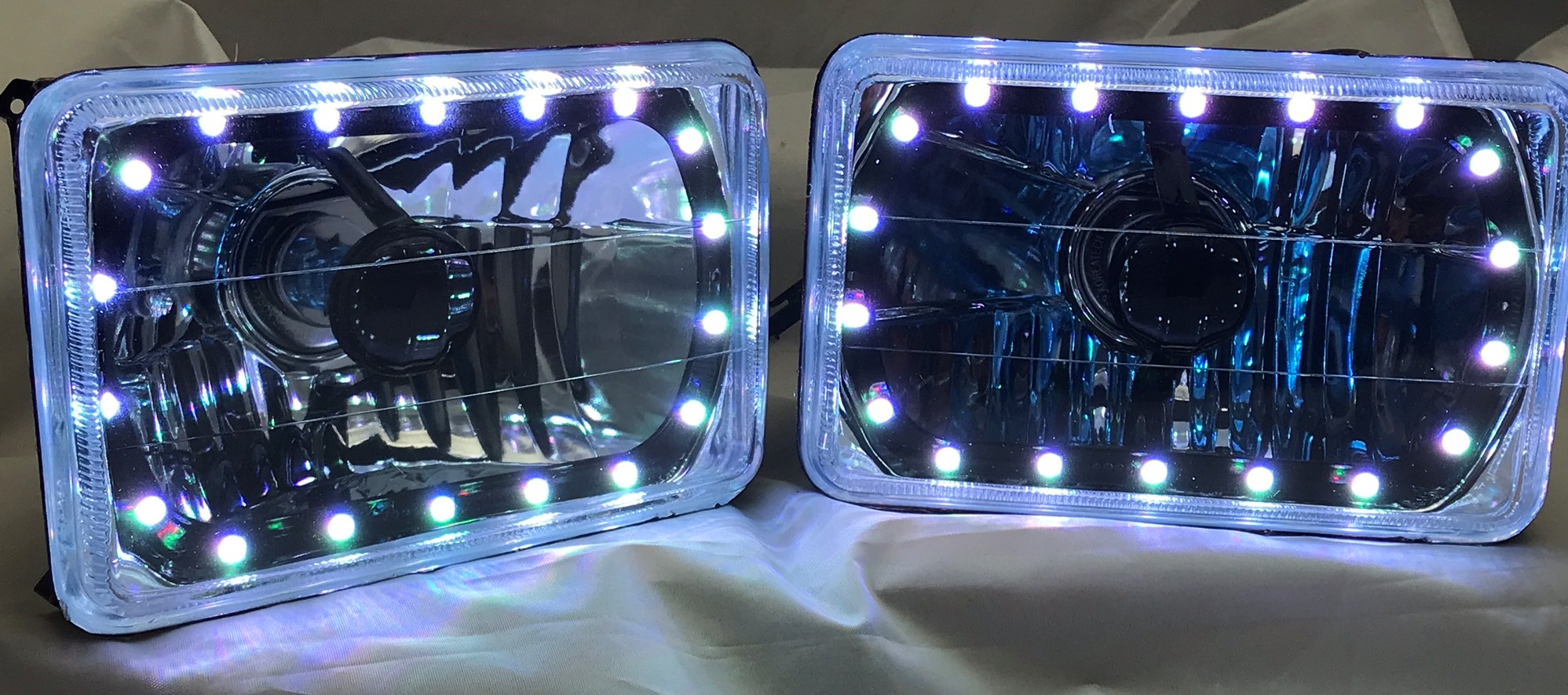 One Pair of 4x6 Inch Rectangle Elite Diamond Multi-Color Halo Black Illusion ™ Headlights with Clear Halogen Bulbs