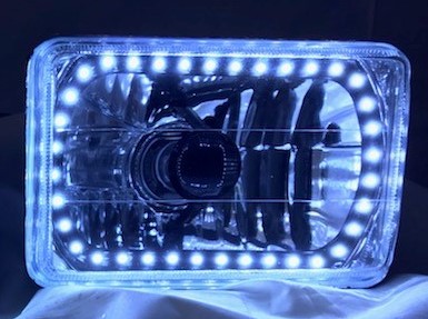 One Each of 4x6 Inch Rectangle Elite Diamond Single Color White Halo Black Illusion ™ Headlight with a Clear Halogen Bulb